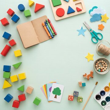 A vibrant collection of educational and crafting supplies, including colorful blocks, crayons, watercolors, scissors, and wooden toys, are artfully arranged on a light green background.