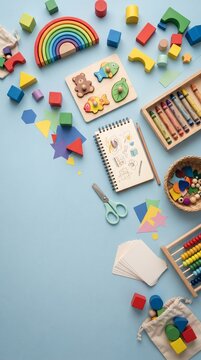 A vibrant collection of educational toys and art supplies is artfully arranged on a light blue surface, inviting imagination and creativity in young minds.