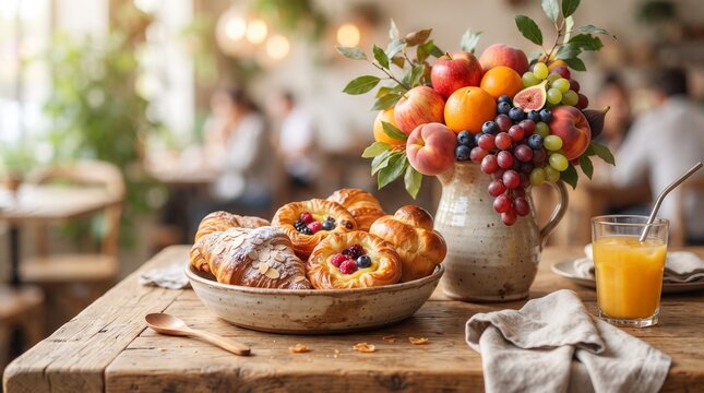 Fresh fruit bouquet and assorted pastries on rustic wooden table. Breakfast setting in cozy cafe with croissant, danish, and orange juice. Healthy morning meal and bakery concept