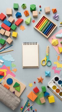 A vibrant flat lay arrangement showcases a delightful collection of crafting and art supplies for children, fostering creativity and imaginative play.