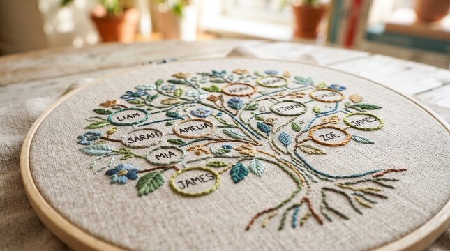 Embroidered family tree on linen fabric in embroidery hoop. Handmade craft project depicting names of relatives on branches. Genealogy concept and heirloom gift for family anniversary