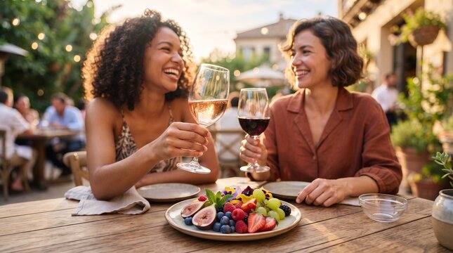 Two happy women clinking wine glasses at an outdoor restaurant. Friends enjoying a meal with fruit at sunset. Social gathering, celebration, communication, and leisure lifestyle concept