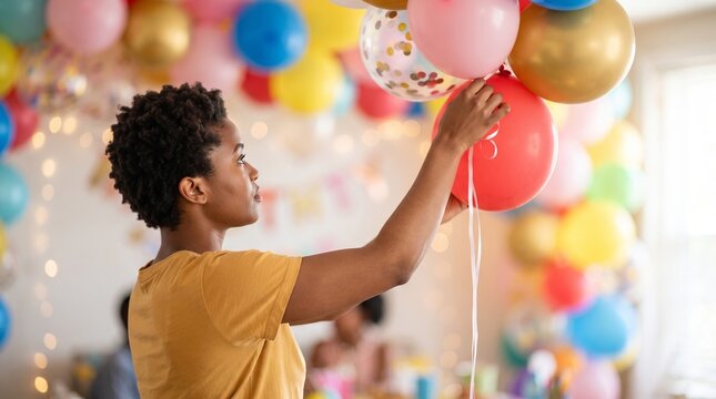 African american woman decorating room with colorful balloons for birthday party celebration. Festive atmosphere with bright festive decor for holiday event. Preparing home for party