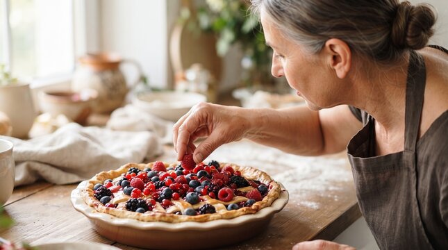 Woman baker decorating homemade berry pie with fresh raspberry in rustic kitchen. Concept of culinary hobby, leisure activity and traditional baking. Preparation of tasty dessert