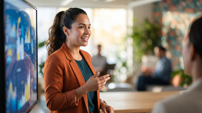 Woman manager presenting financial data on large screen in office. Professional business presentation with graphs. Team collaboration, corporate communication and leadership meeting