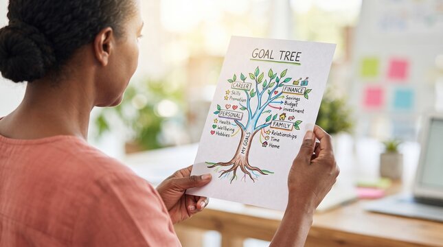 Woman african american holding goal tree diagram on paper. Planning life and career success with development strategy. Visualizing personal growth, finance, health and family priorities