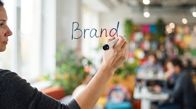 Woman writing word brand on glass wall in office. Business professional planning marketing strategy. Corporate communication concept related to company identity and creative development