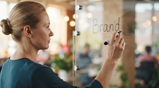 Woman marketer writing word brand on glass wall in office. Creative professional developing business identity. Strategy planning for corporate communication and marketing development concept