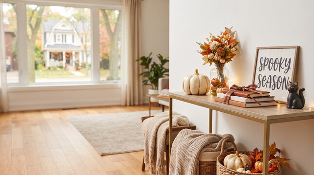Decorated console table in cozy living room interior with Halloween pumpkin and spooky season sign. Festive autumn house decor for fall home styling and seasonal holiday mood