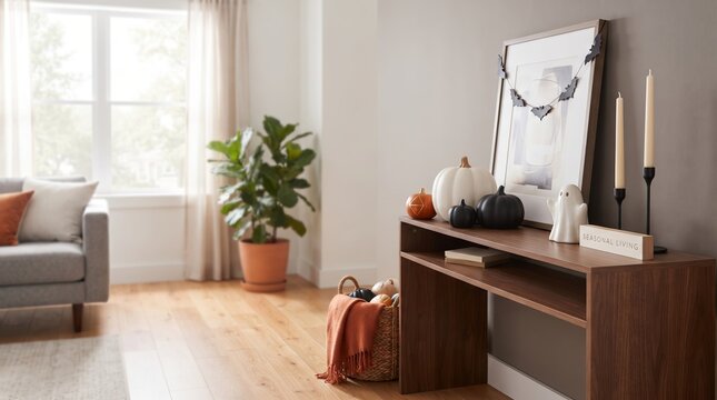 Halloween decorations on console table in modern living room. Interior design with pumpkins, ghost figurine and bat garland. Cozy autumn home atmosphere for seasonal holiday celebration