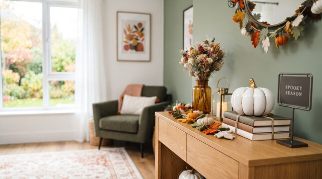 Cozy fall living room interior with autumnal decoration on wooden console table. Pumpkin ornament and dried flower bouquet. Halloween home decor style for seasonal holiday celebration