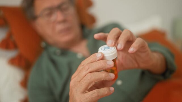 Man using hands to open prescription pill bottle while lying on bed in building; concern medication routine.