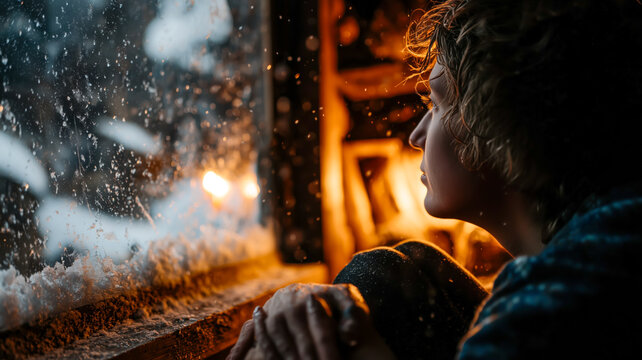 Cozy window: woman watches snowfall with warm firelight glow