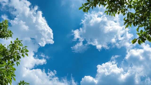 Blue sky with white fluffy clouds and green tree leaves frame, low angle view of bright sunny day, natural background for summer nature concept