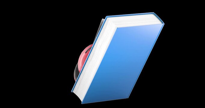 Book with headphones rotation animation seamlessly loopable. 3D rendering isolated on transparent background