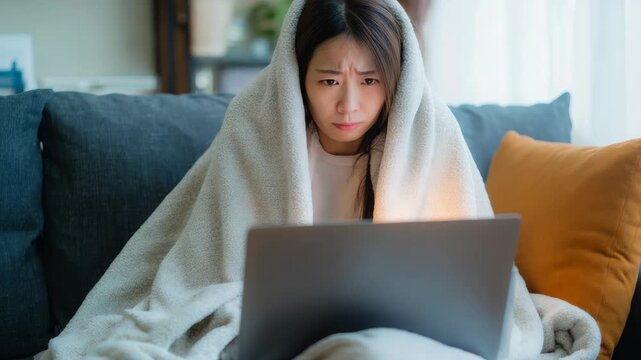 A young Asian woman laying down with a blanket wrapped around her while using her laptop. She has an expression of concern or worry. The setting appears to be a cozy living room or bedroom.