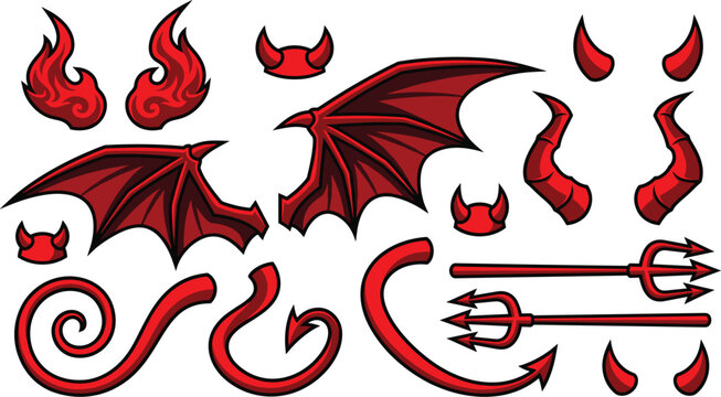 Red devil costume element set, featuring demon wings, horns, pitchforks, and pointed tails illustration.