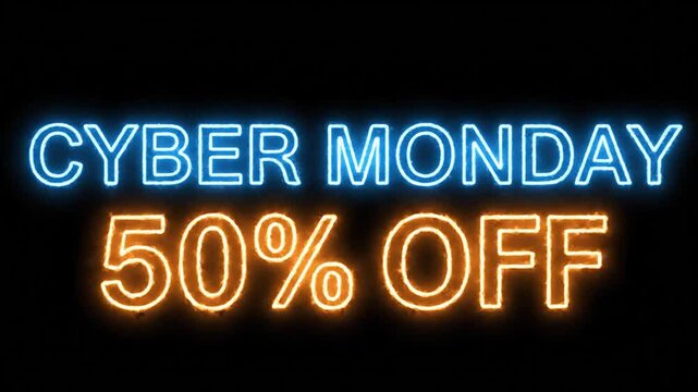 Neon Cyber Monday fifty percent off sign on black background