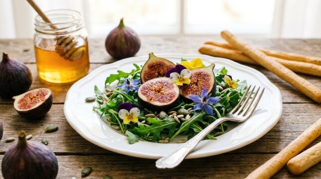 A fresh green salad with sliced figs and edible flowers served on a rustic wooden table with honey and crunchy bread sticks