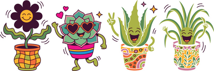 Fototapeta premium Groovy retro dancing potted plant mascot characters, funny smiling flowers in colorful cute pots.