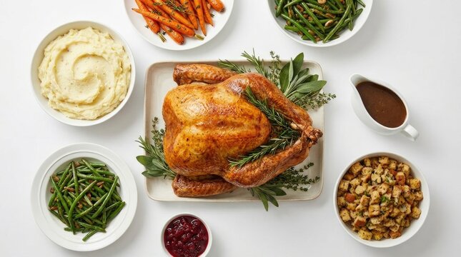 A delicious roasted turkey served on a platter surrounded by traditional thanksgiving side dishes including mashed potatoes stuffing green beans and cranberry sauce
