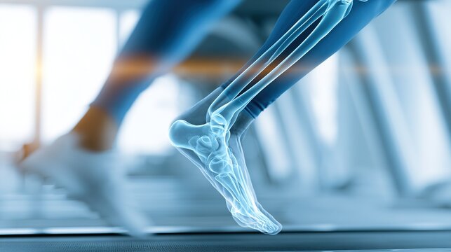 Human leg running on treadmill. Anatomy of foot bones during exercise and sports training.