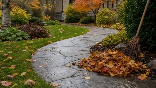Stone pathway covered with fallen leaves and outdoor broom in suburban garden during autumn.