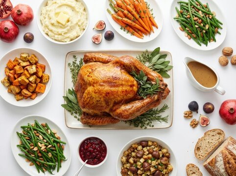 A festive thanksgiving dinner table spread featuring a roasted golden turkey surrounded by various side dishes like mashed potatoes vegetables and stuffing