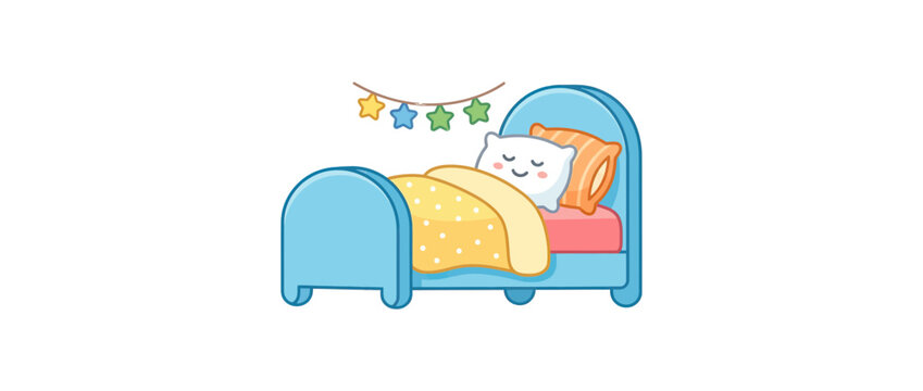 Cute cartoon pillow sleeping in a blue bed