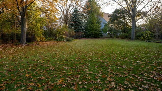 Sunlit suburban backyard lawn covered in fallen brown autumn leaves during golden hour transition.