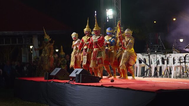 Nakornnayok Thailand. 20 December 2025: Colorful Khon masked dance performance showcasing Thailand royal classical theater tradition. Performers portray mythological characters from the Ramakien epic