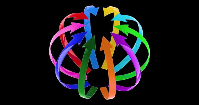 Many colorful arrows arranged in a circle rotation animation seamlessly loopable. 3D rendering isolated on transparent background