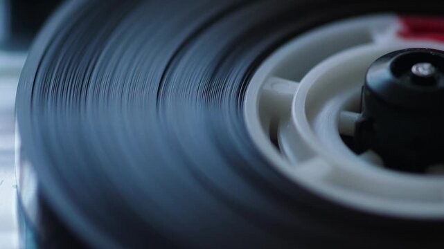 Extreme macro shot of a spinning magnetic tape reel inside a vintage audio cassette. Analog cassette player plays music and creates a nostalgic eighties mood.