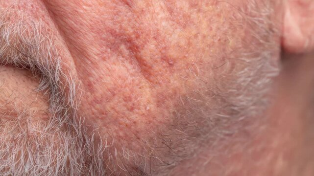 Close up shot of mature man cheek showing skin texture and beard stubble for dermatology or skincare medical research and health care advertising