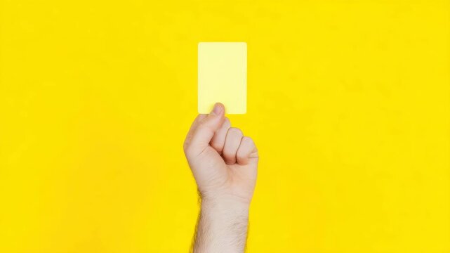 Hand holding a blank yellow card against a bright yellow background, representing a sports penalty, warning, or a creative message space concept