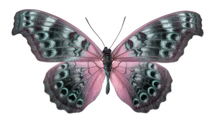 Isolated vibrant pink and teal iridescent tropical butterfly specimen with intricate patterns © Francisco