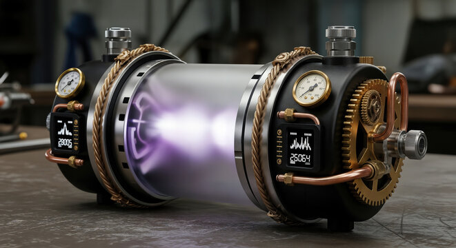 Steampunk style energy reactor core capsule with pressure gauge meters and brass gears. Sci-fi technology concept.