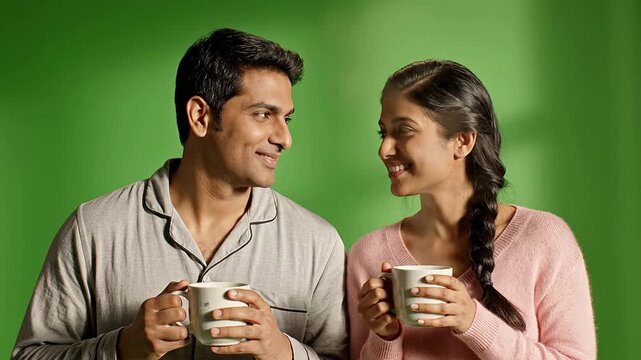 Couple Celebrating A Quiet Morning Over Coffee In Their New Home With A Vibrant Green Screen Background