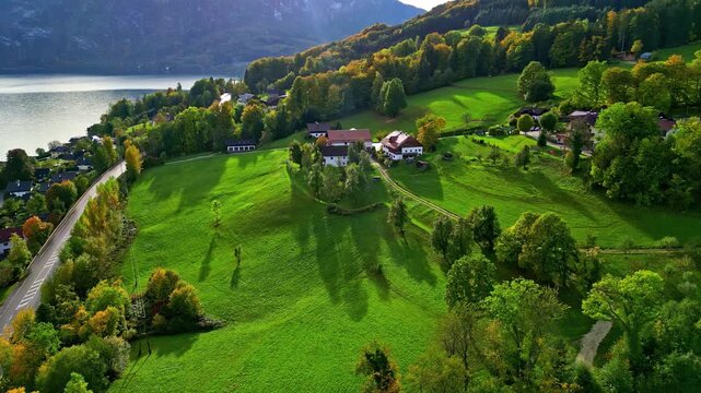 Aerial view of Attersee lake surrounded by lush green meadows, traditional houses, and autumn trees in Vocklabruck District, Upper Austria, Austria.
