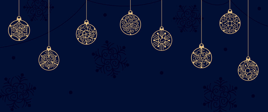 Frosted Christmas banner with gold and navy blue snowflakes. Winter vector background. Elegant design for New Year cards