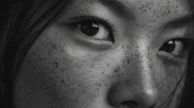 Close-up of an individual with freckled skin looking off into the distance.