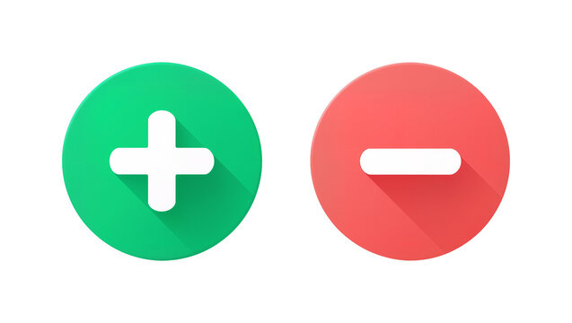 Isolated green plus sign and red minus sign symbols for adding, removing, increasing, decreasing