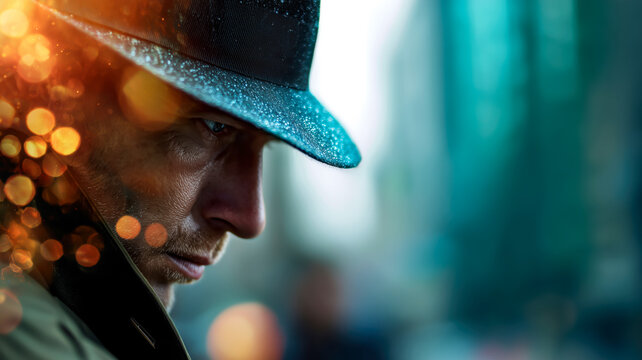 Intense gaze of man in fedora, rain and city lights