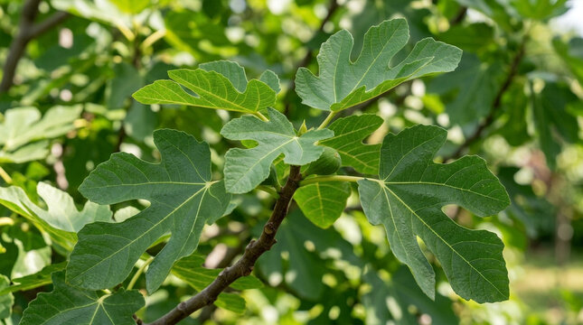 Close-up of lush green fig leaves on a branch with a blurred background