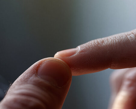 An extreme macro photograph captures two human fingertips touching gently, revealing detailed fingerprint ridges, natural nails.