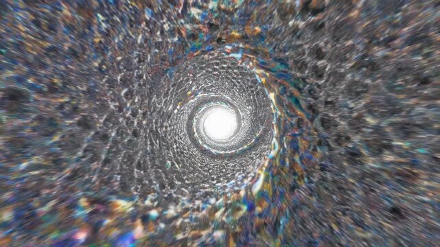 Abstract 3D render of a liquid holographic spiral mesh tunnel featuring iridescent rainbow chrome textures and a glowing bright white light at the center of the vortex.