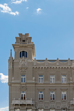 Corner tower of Archduke Joseph's Palace with decorative Gothic Revival stonework in Budapest, Hungary