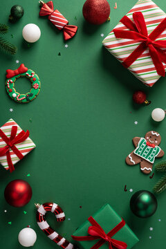 Christmas gift vertical flatlay with wrapped presents, gingerbread cookie and ornaments for Merry Christmas and Happy New Year