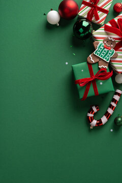 Christmas presents with gingerbread cookie and candy cane on green vertical background for Merry Christmas and Happy New Year