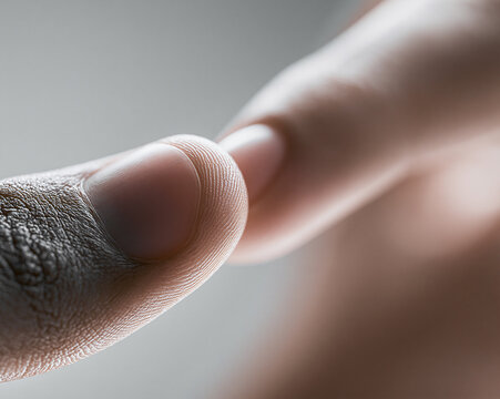 An extreme macro photograph captures two fingertips gently touching, with detailed skin texture, natural nails, and soft tonal contrast.
